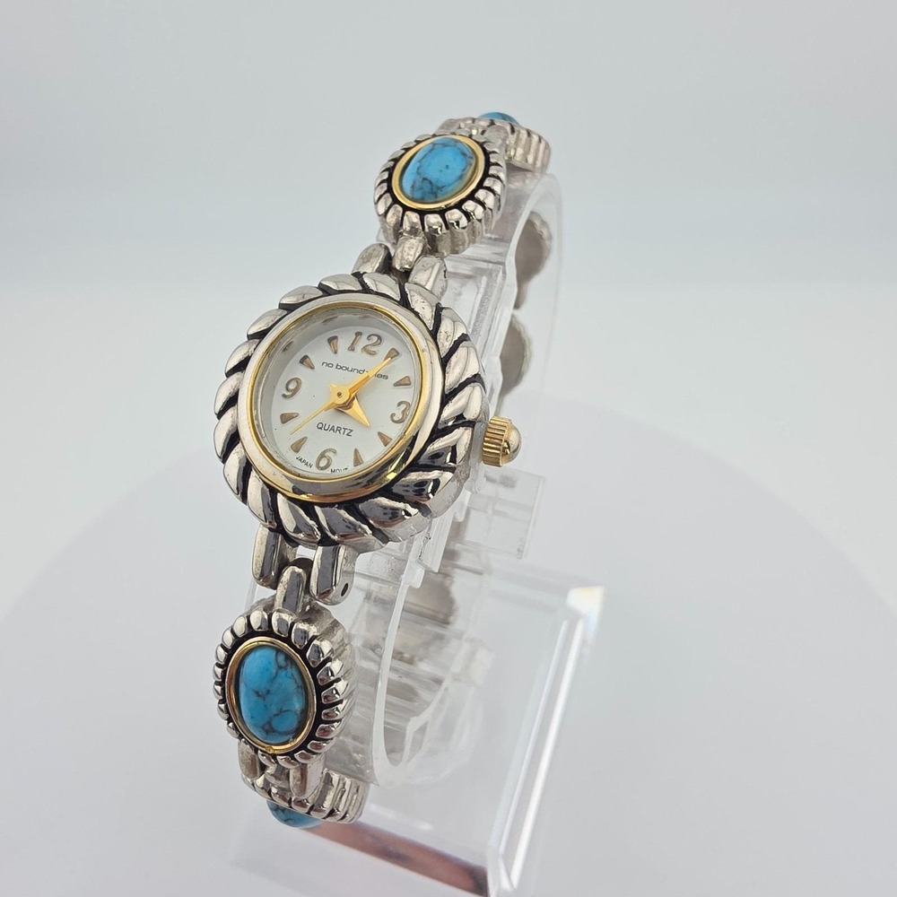 NO BOUNDARIES Ladies Watch Faux Turquosie Link Rope Bezel Silver Gold Plate 6.5"